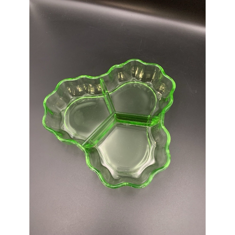 Vintage Green Uranium Glass Divided Nut Or Relish Tray